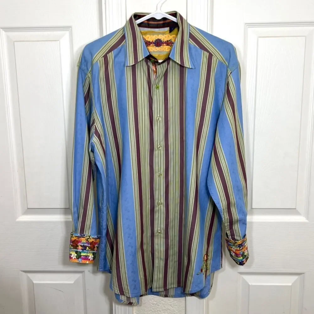 Robert Graham Button Down Shirt Flip Cuff Blue Green Striped Retro Size L